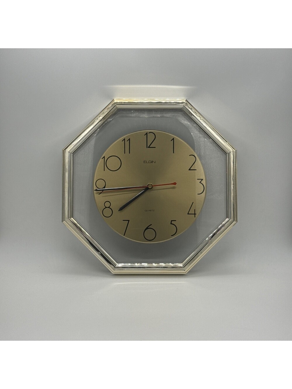 12 Inch Vintage Gold Tone Acrylic MCM 80's Retro Elgin Quartz Wall Clock, Works!